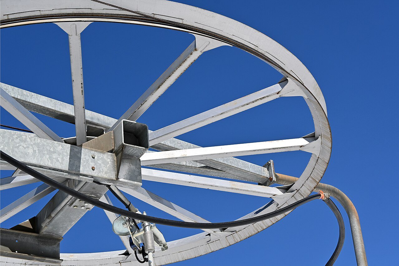 Large belt pulley wheel against the sky