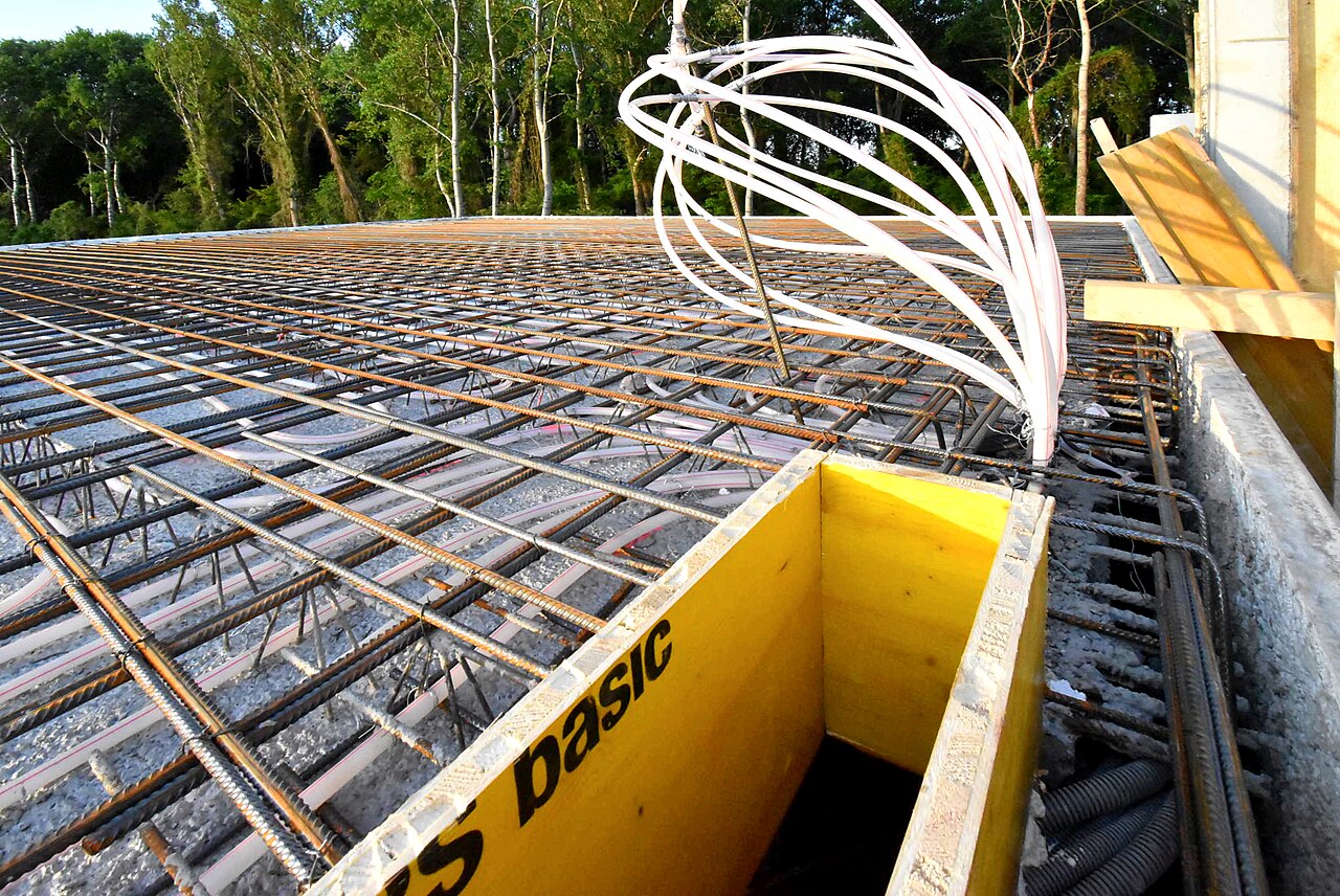 Tied rebar mat in slab formwork before a pour