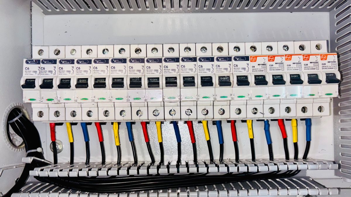 Electrical circuit breaker panel with color-coded conductors