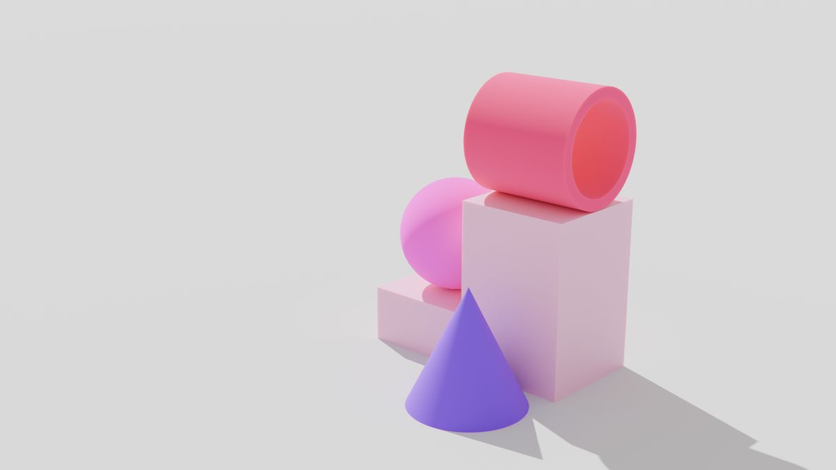 Geometric 3D solids — cylinder, sphere, cube, and cone