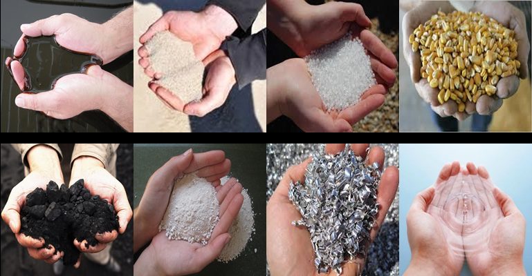 A range of bulk commodities held in hand — crude, sand, resin, grain, coal, minerals, and metals